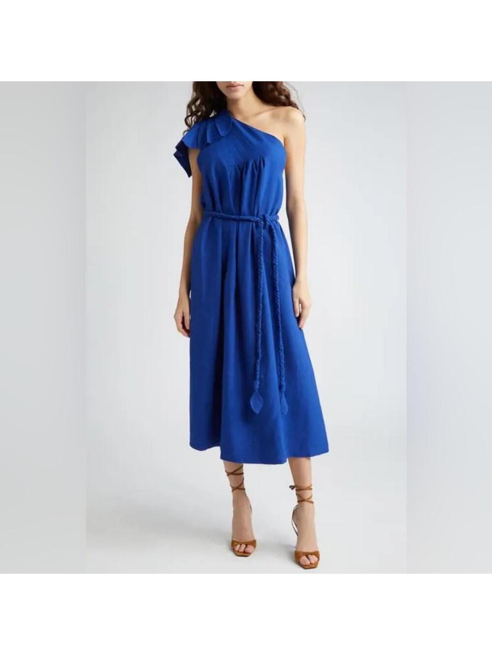 NWT FARM Rio Navy Blue One Shoulder Asymmetrical Ruffled Midi Sundress XS